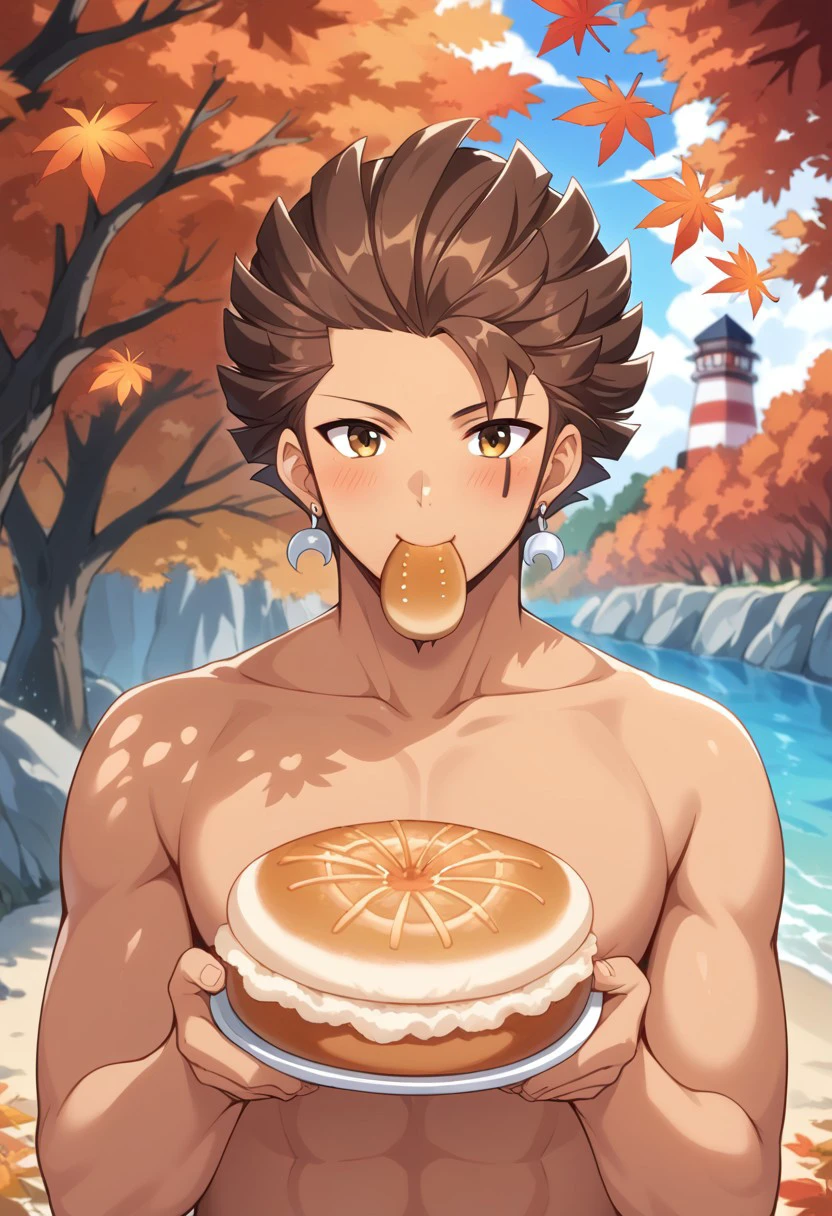 score_9, score_8_up, score_7_up, source_anime, rating_safe, autumn leaf, bread in mouth, Azutail, 1boy, grey Azuma earrings, black Azuma facial mark, brown hair, male focus, plump cheeks, blushing, eating bread, hands with five fingers, blurry outdoor lighthouse, autumn trees, cute wallpaper,