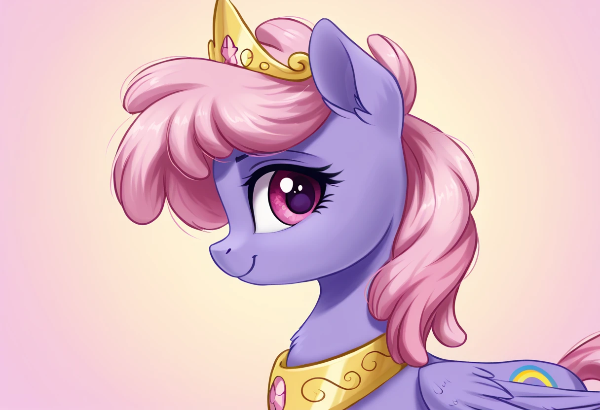 score_9, score_8_up, score_7_up, score_6_up, score_5_up, score_4_up, rainbowshine, pegasus, pony, mare, female, solo, bust, crown, cute, g4, jewelry, looking at you, profile, wings, regalia, smiling, partially open wings, detailed, beautiful, <lora:Rainbowshine:1>, <lora:Wholesome_MLP-v1.2:1>