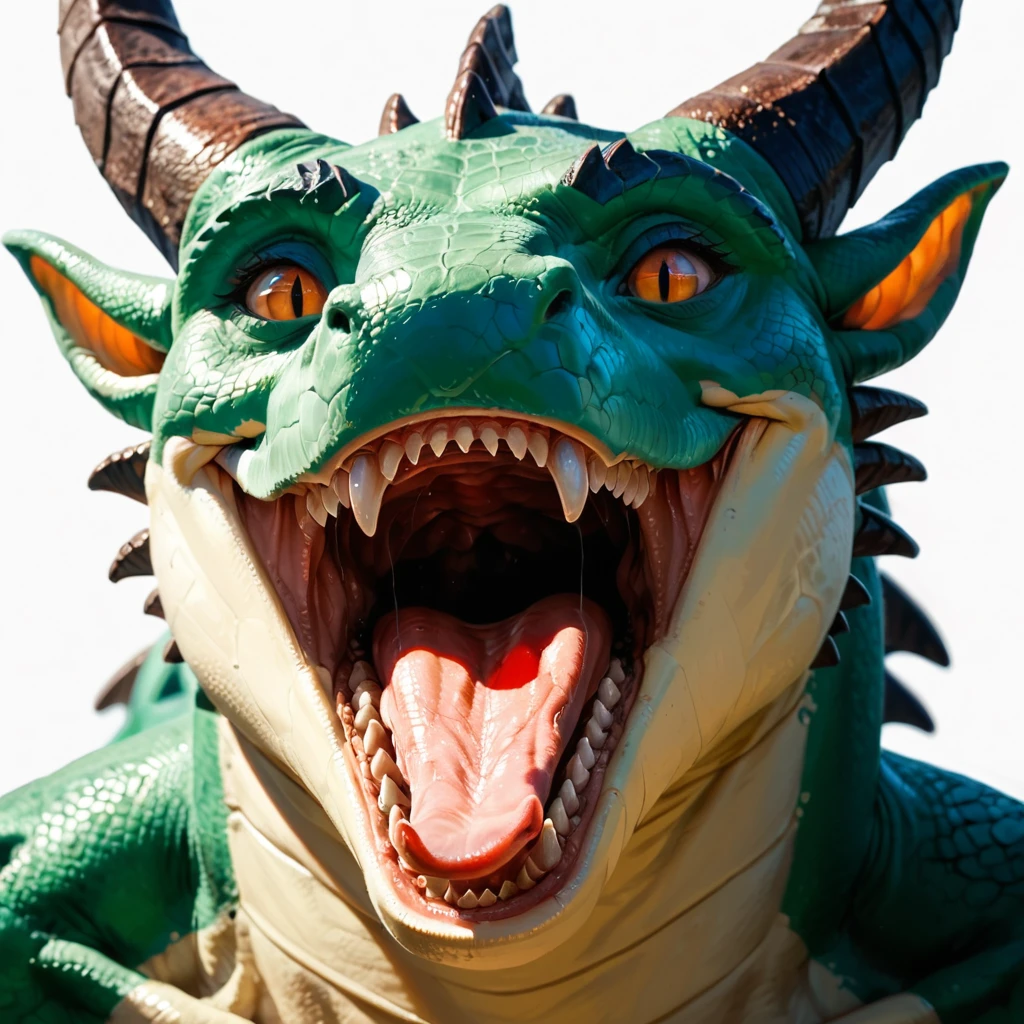 score_9, score_8_up, score_7_up, realistic, photo, raw lighting, best quality, highest detailed, ultrahigh resolution textures, white background, furry, anthro, mythological creature, mythological scalie, mythology, dragon horns, scalie, open mouth, teeth, solo, looking at viewer, colored skin, tongue, portrait, slit pupils