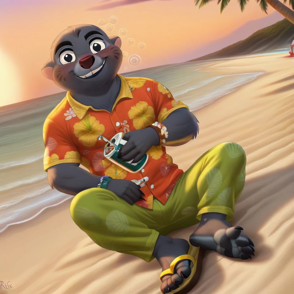 (((Barefoot furry character, full body, cinematic setting, furry male, anthro, plantigrade))), (((Bunga))), lion guard, bara, solo, in a (((yellow Hawaiian shirt))) with green or purple pattern, wearing white pants, leather bracelets, nice feet paws with long claws, feet towards the viewer, feet POV, (((wearing sandals))), (((shoeplay))), (((his feet playing with sandals))), dynamic pose, smile, drinks whiskey, (((drunk))), sleepy, sitting on beach, near beach bar, (((sunset))), (((outdoors))), focus on feet paws, (((dutch angle))), BREAK, intricate details, highly detailed, extreme detail, octane render, fine art, best quality, highres, (detailed face:1.5), ((full_body)), UHD, (((perfect hands))), low light, anime