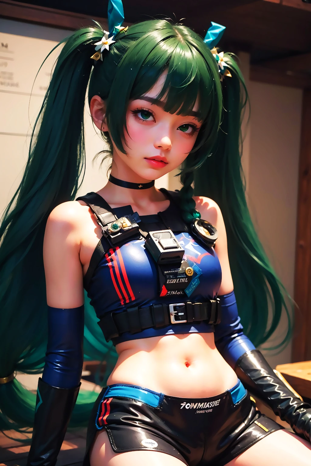 ((masterpiece)), ((ultra-detailed)), high_resolution, imtdqingyizzz, 1girl, very long hair, green eyes, green hair, twintails, fingerless gloves, shorts, bangs, twin braid, midriff, choker, elbow gloves, perfect hands, ahg, rolling eyes.
