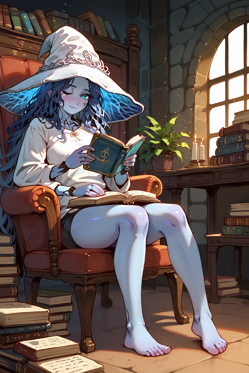 PDXL, source_anime, <lora:RanniV1:1>, r4nn1, ranni the witch \(elden ring\), ((four arms, blue skin)), doll, 1girl, cute face, detailed eyes, 
sitting on a chair. white t-shirt, black shorts, reading a book, barefoot, 
volumetric reflections, volumetric shadows, HDR, shot on Canon DSLR