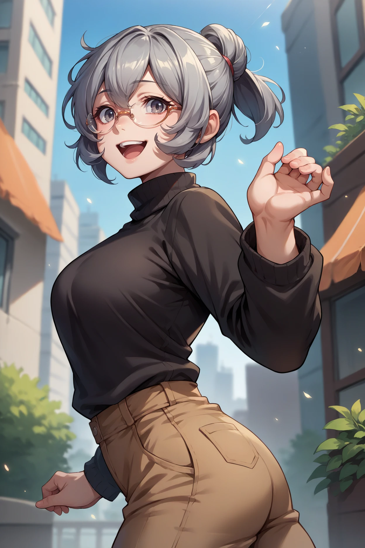 score_9, score_8_up, score_7_up, score_6_up, source_anime, 1girl, solo  <lora:syrflova-pdxl-nvwls-v1-000004:1> dmSyr, grey hair, medium hair, folded ponytail, black sweater, turtleneck sweater, glasses, brown pants, from side, happy, open mouth, looking at you, city