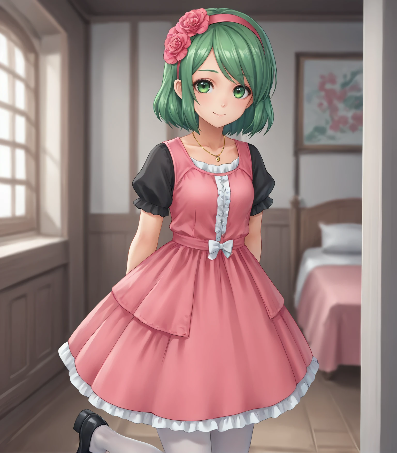 score_9, score_8_up, score_7_up, score_6_up, score_5_up, score_4_up, BREAK source_anime,
1girl, solo, <lora:Flotte:0.9>, Flotte, green eyes, green hair, pink headband, hair flower, pink dress, short sleeves, black sleeves, black shoes, white pantyhose, frills, jewelry, necklace,,
cowboy shot,
looking at viewer, smile, indoors, hands behind back,
<lora:Racoonkun_Artist_Style:0.6>, racoonsan,,
