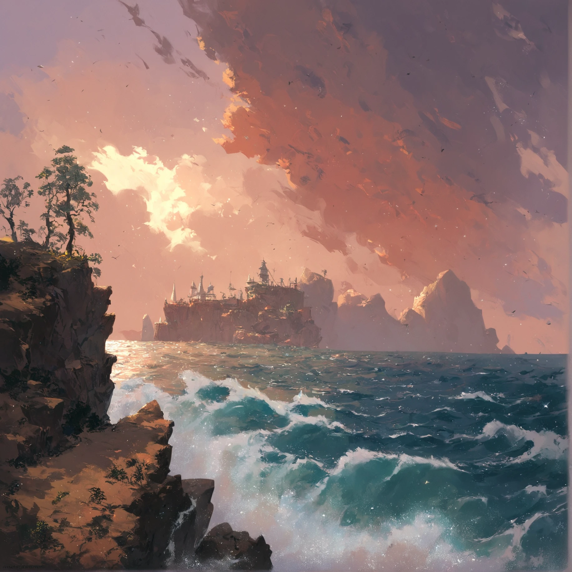 cliff, sea, <lora:Ted_Nasmith_Style-Pony_XL:0.75>, BREAK score_9, score_8_up, score_7_up, best quality, masterpiece, 4k, prefect lighting, very aesthetic, anime, zPDXL2