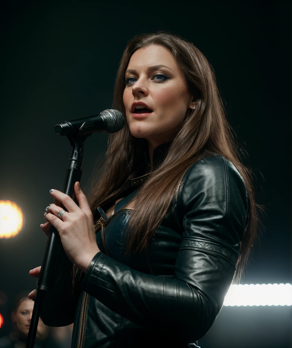 cinematic film still  <lora:quiron_FloorJansen_v050320_Lora:0.77> floorJansenQuiron, long hair, looking at viewer, lips, blue eyes, tattoo, 1girl, solo, (cinematic shot),   centre stage holding a microphone mouth wide open eyes shut singing into the microphone, . shallow depth of field, vignette, highly detailed, high budget Hollywood movie, bokeh, cinemascope, moody, epic, gorgeous, film grain, grainy