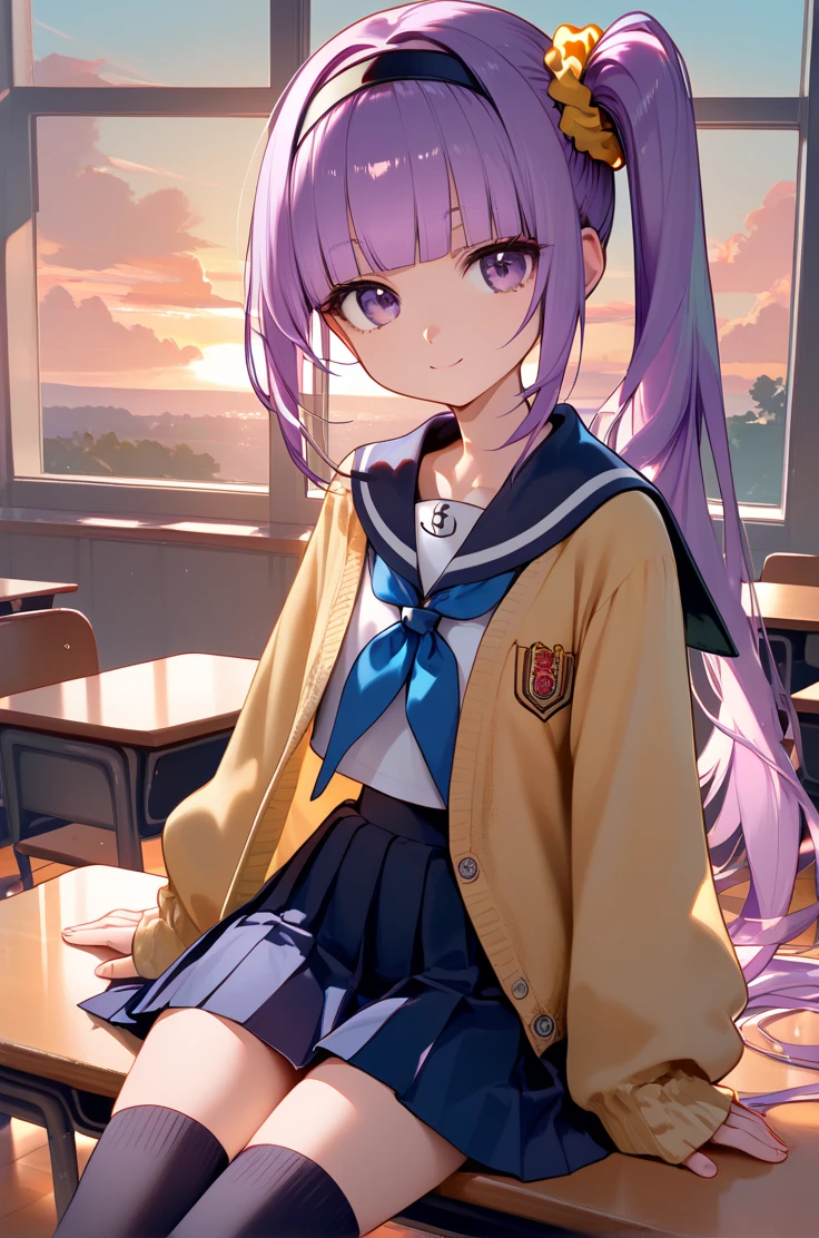 score_9, score_8_up, score_7_up, very aesthetic, source_anime, detailed,
classroom, sunset, indoor,
cowboy shot, 
sitting on table, looking at viewer, light smile,
1girl, flat chest, petite female,
<lora:sophie_autismConfetti_v12:1>sophiemascot, purple hair, purple eyes, very long hair, blunt bangs, sidelocks, side ponytail,  yellow scrunchie,
yellow sweater, open clothes, hairband, pleated skirt, black skirt, serafuku, sailor collar, knee highs, loafers,, zPDXL