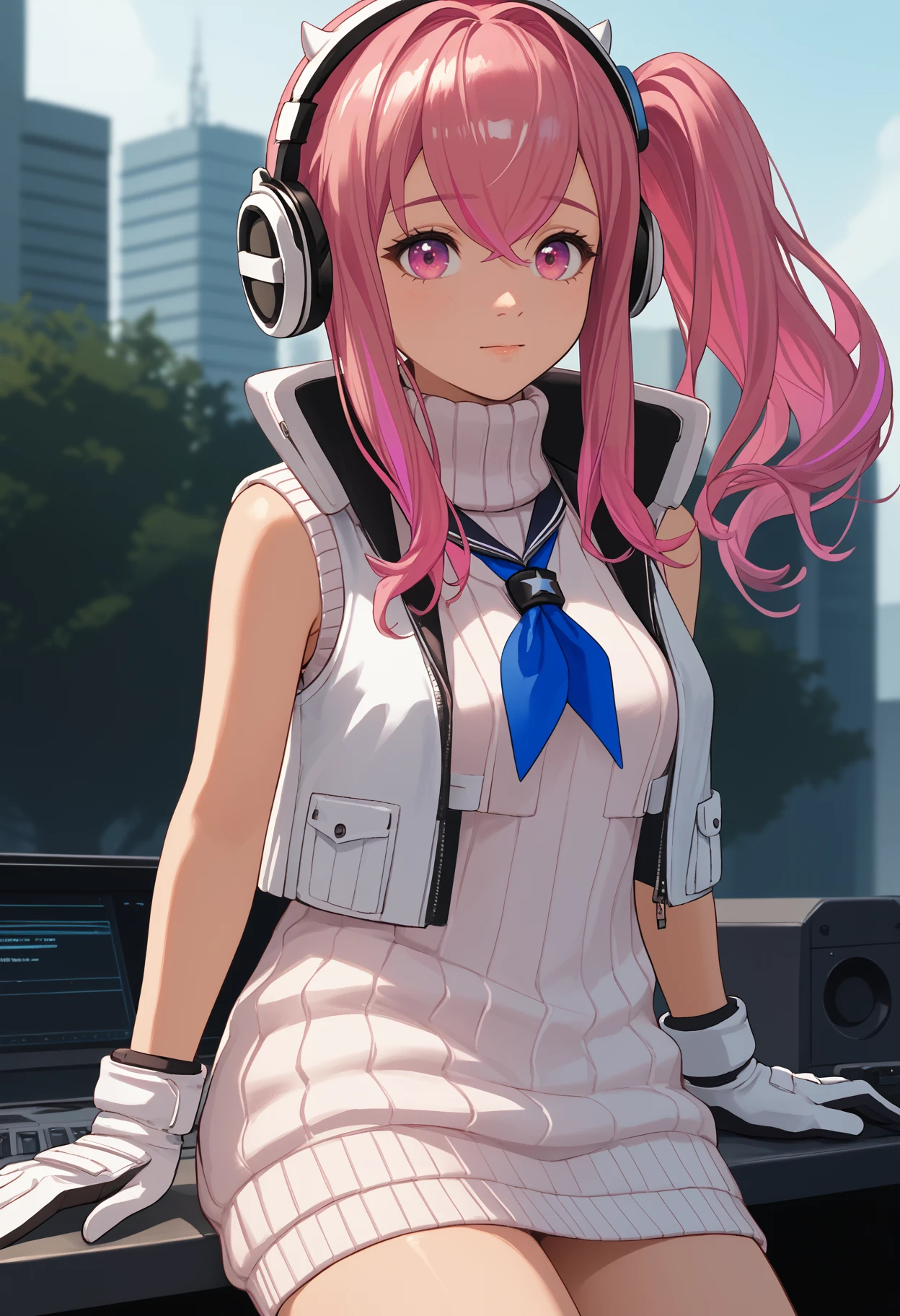 score_9, score_8_up, score_7_up, source_anime BREAK 1girl, solo, <lora:pepper-nikke-richy-v1_pdxl:1> ppprdf, pink eyes, pink hair, long hair, sidelocks, side ponytail, headphones, breasts, blue neckerchief, white vest, sleeveless, white sweater, turtleneck sweater, ribbed sweater, sweater dress, two-tone gloves