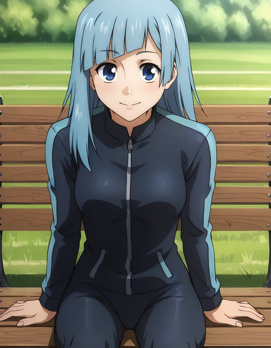 <lora:Miwa_Kasumi:1>, miwa kasumi, tracksuit, sitting, solo, bench, front view, smile, sunny