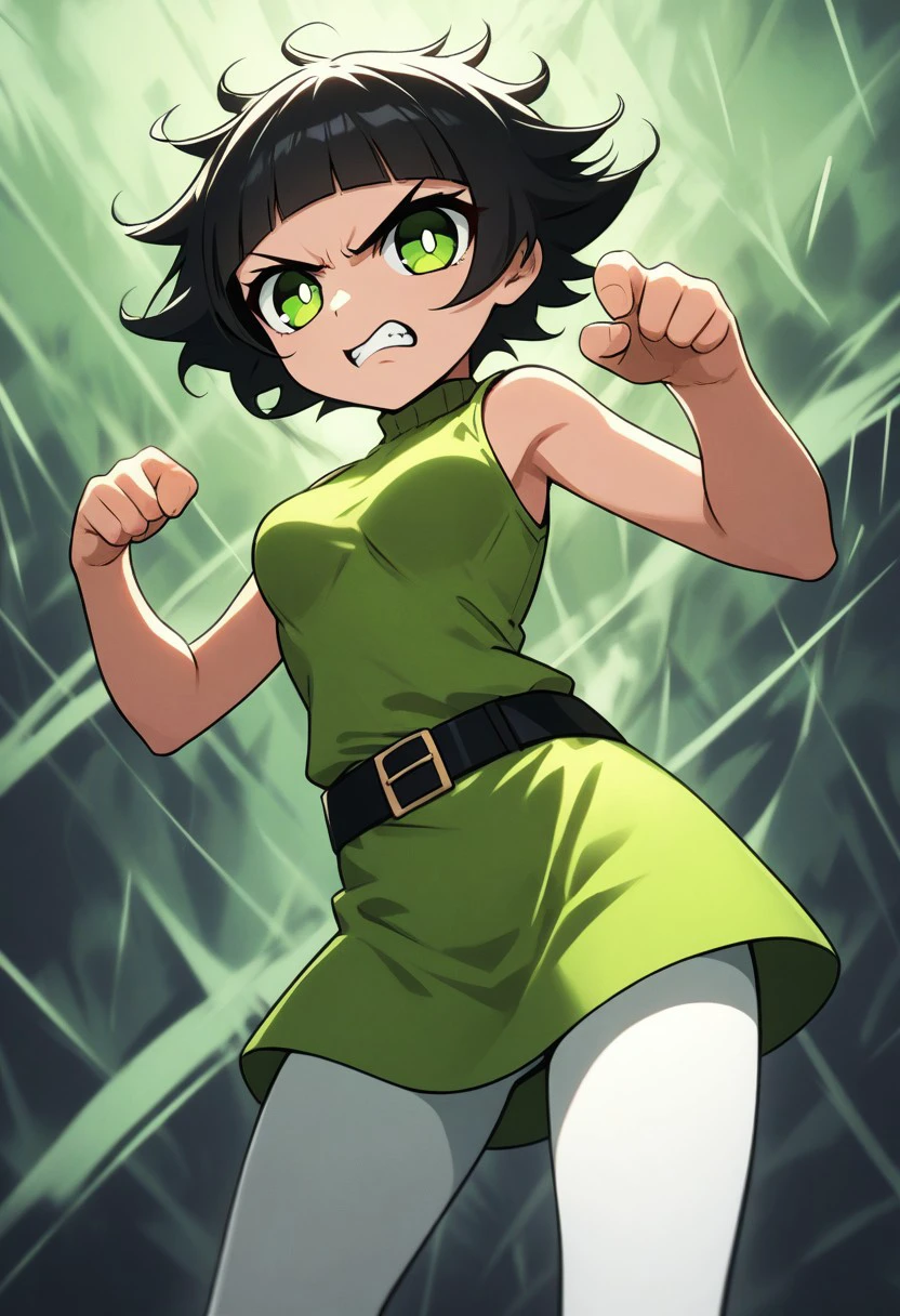 posing, 1girl, solo, medium breasts,
1girl, buttercup (/PPG)/,(ultra HD quality details), black hair, short hair, (green eyes), messy hair, dress, short dress, light green dress, sleeveless, thick black belt, white pantyhose,
teeth, clenching teeth
looking at viewer, five fingers, perfect eyes, athletic body, hourglass figure, cute face, angry look, glass field, standing.