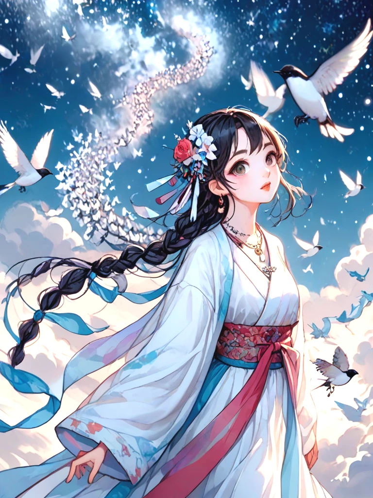 source_anime, magpie bridge, birds flock, tanabata, hanfu, weaver girl, walking, big tits, long hair, braids, hair flower, hair ornament, necklace, earrings, floating hair, fog, wind, cloud, high sky, starry sky, colorful sky, looking at viewer, <lora:girllikemagpiebridge_pony:1>