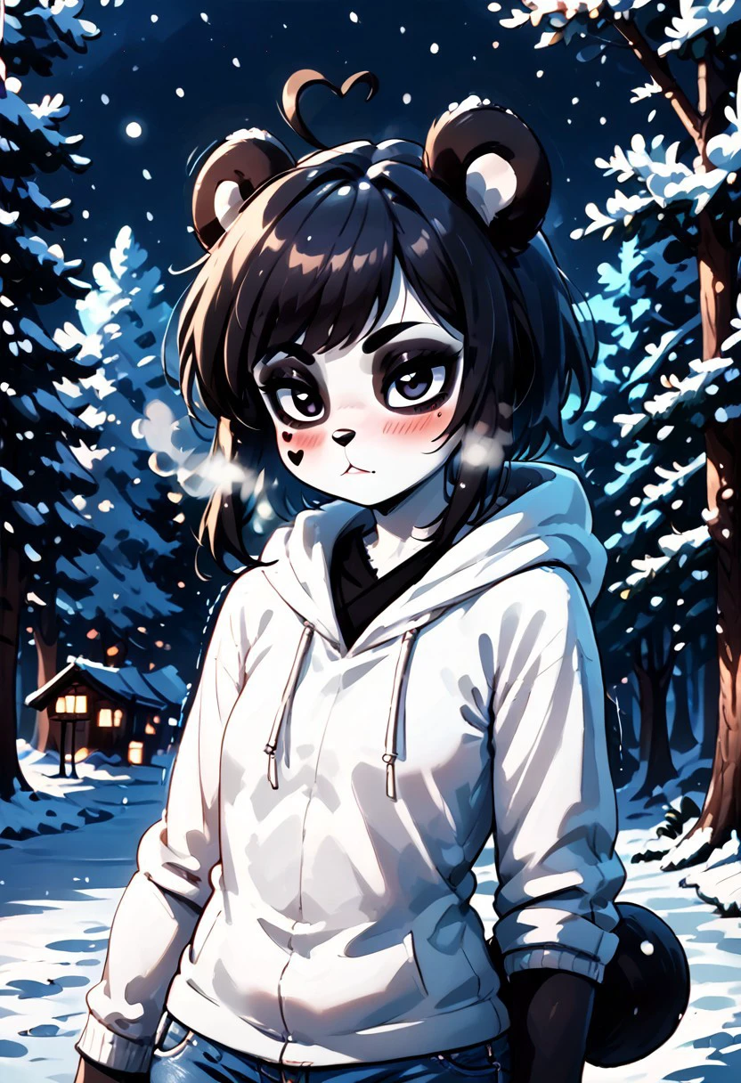 (score_9, score_8_up), score_7_up, score_6_up, score_5_up, score_4_up, anthro, 1girl, masterpiece, best quality, (panda, panda girl), furry, panda ears, animal nose, black fur, white fur, eyes makeup, black eyes, panda tail, heart ahoge, cheek heart, black arms, black legs, black hair, medium hair, white hoodie, denim shorts, outdoors, snowing, snow, windy, wind, blushing, forest, trees, fir tree, steamy breath, breath, upper body, shaking, motions lines, night,