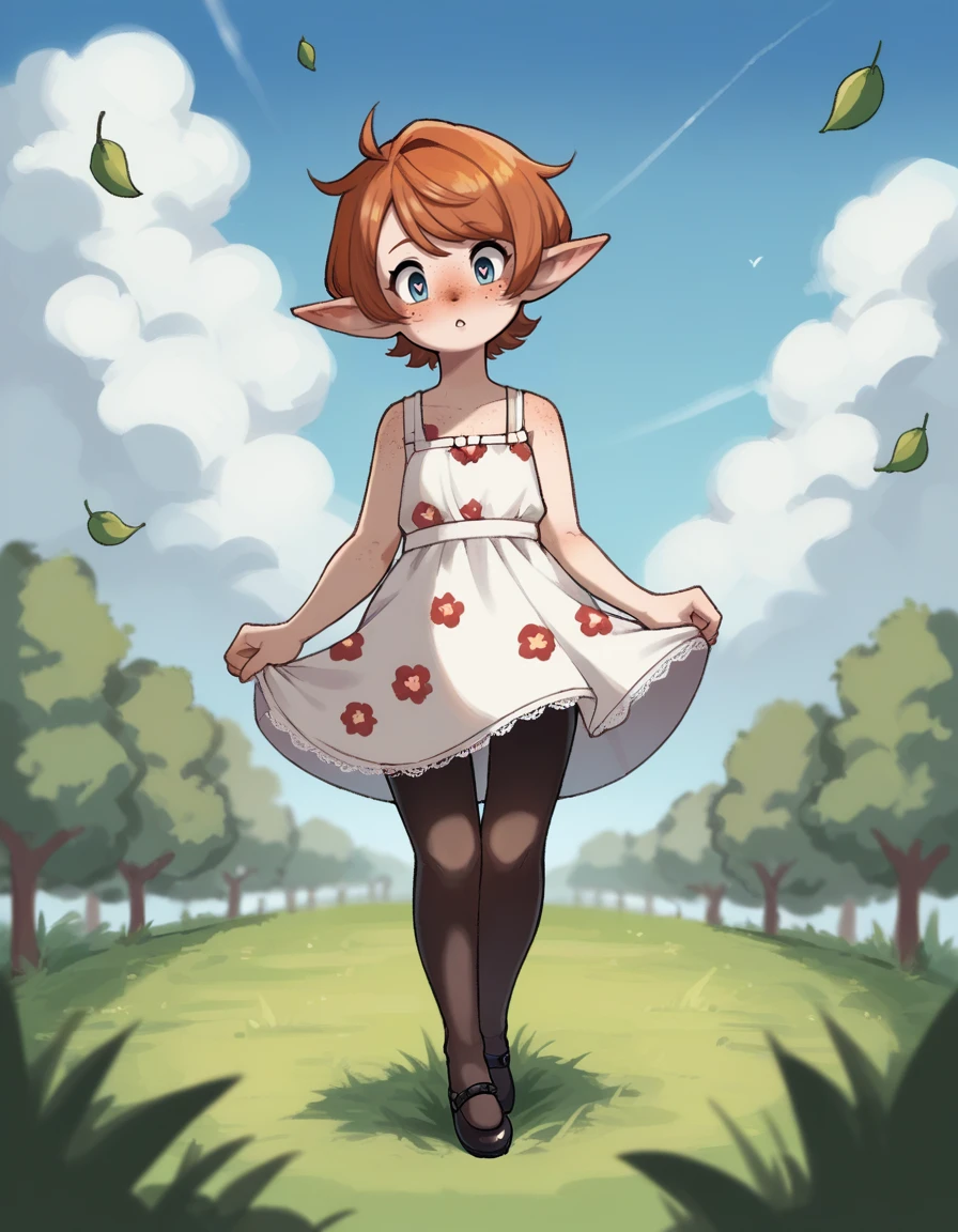 score_9, score_8_up, score_7_up, score_6_up, score_5_up, score_4_up, solo, 1girl, solo, sky, grass, cloud, falling leaves, 
<lora:HartGear v1:0.8> h4rt, floral sundress, Mary Janes, lace pantyhose, heart eyes, upright_straddle, <lora:Popipi_v1:0.6> popipi, (lalafell), blue eyes, dark nose, freckles, orange hair, short hair, pointy ears, swept bangs,