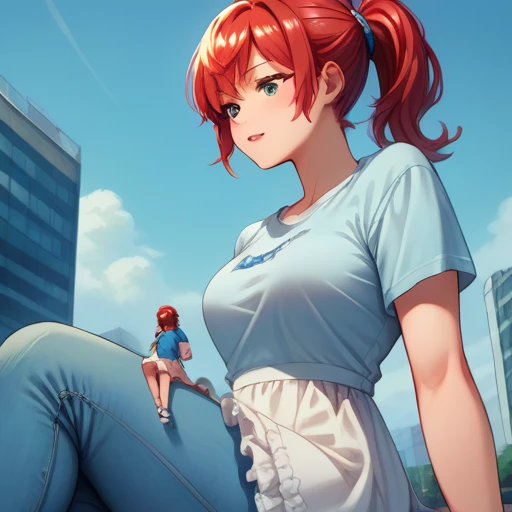 score_9, score_8_up, score_7_up cowboy shot, anime style, 2girls, Giantess with miniwomen BREAK (cowboy shot, giantess, red hair, blue t-shirt, jeans, medium breast) BREAK (miniwomen, white dress, frilly dress, blond hair, ponytail, sitting on shoulder)