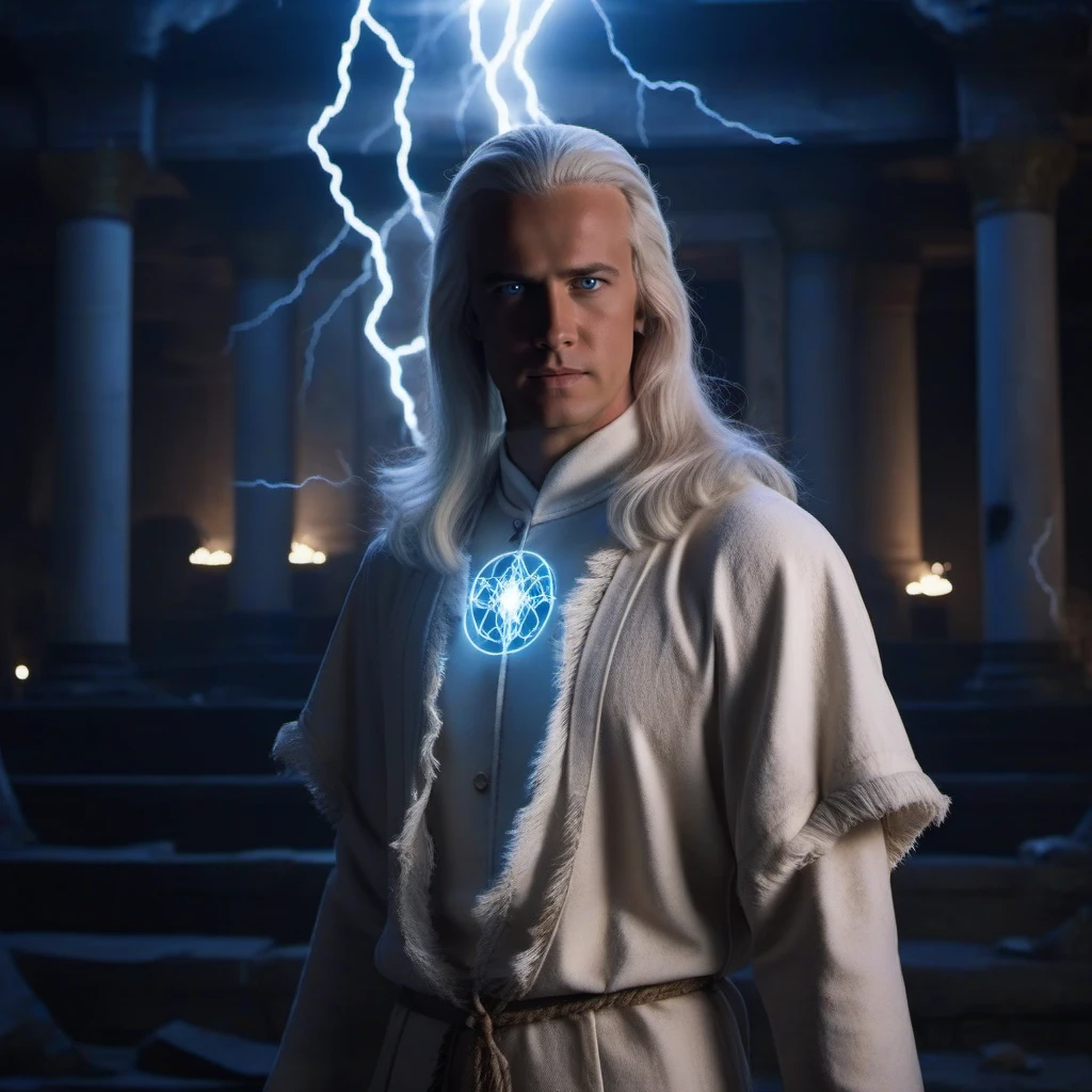 cinematic photo a full body portrait 1boy, male focus, dressed in white, electricity lightning,  long white hair, blue eyes, in a temple in ruins <lora:Raiden1995-1024:0.8> . 35mm photograph, film, bokeh, professional, 4k, highly detailed