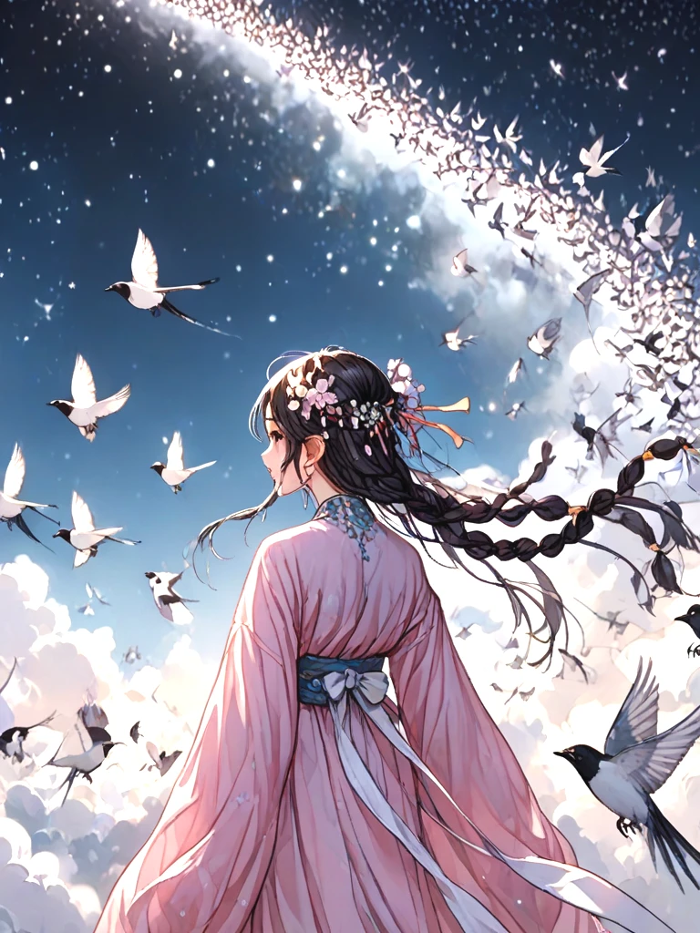 source_anime, magpie bridge, birds flock, tanabata, hanfu, weaver girl, walking, big tits, long hair, braids, hair flower, hair ornament, necklace, earrings, floating hair, fog, wind, cloud, high sky, starry sky, colorful sky, looking at viewer, <lora:girllikemagpiebridge_pony:1>