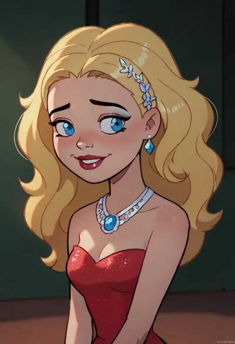 score_9, score_8_up, score_7_up,RoseAD, blonde hair, blue eyes,elaborate hair, fancy dress, jewelry, makeup, shy smile