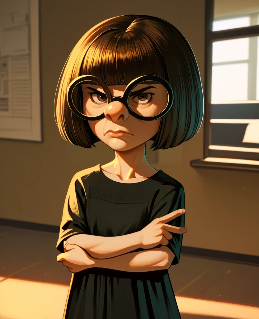 score_9,score_8_up,score_7_up,score_6_up,
ednamodexl,glasses,short hair,bob cut,brown eyes,
black gown,v-neck,serious,
standing,looking at viewer,crossed arms,
indoors,solo,
<lora:Ednaxl:1>,