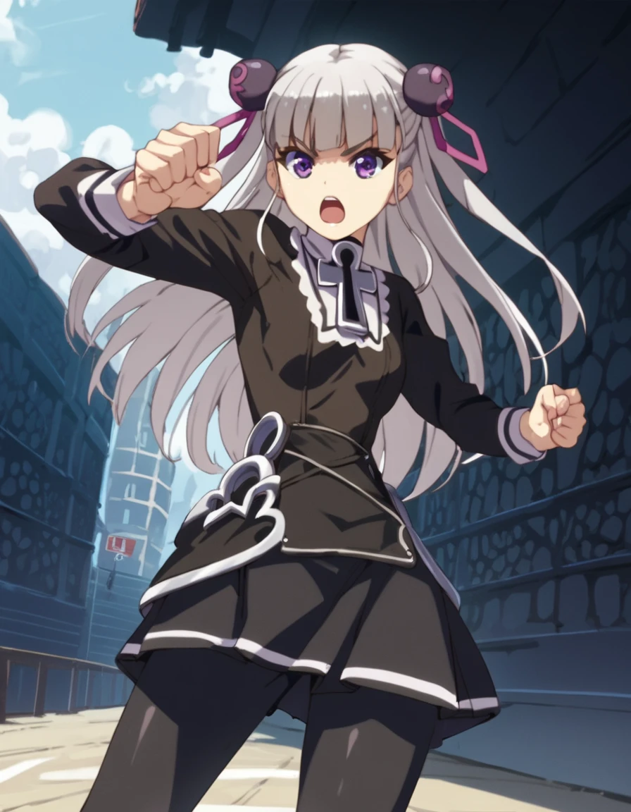 score_9, score_8_up, score_7_up, score_6_up, score_5_up, score_4_up, source_anime,  Maria, long hair, purple eyes, double bun, grey hair, , action pose