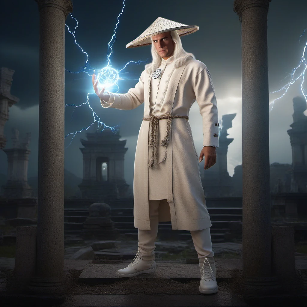 cinematic photo a full body portrait 1boy, male focus, dressed in white, hat, casting electricity lightning spell with his hands,  long white hair, glowing white electric eyes, in a temple in ruins <lora:Raiden1995-1024:0.8> . 35mm photograph, film, bokeh, professional, 4k, highly detailed