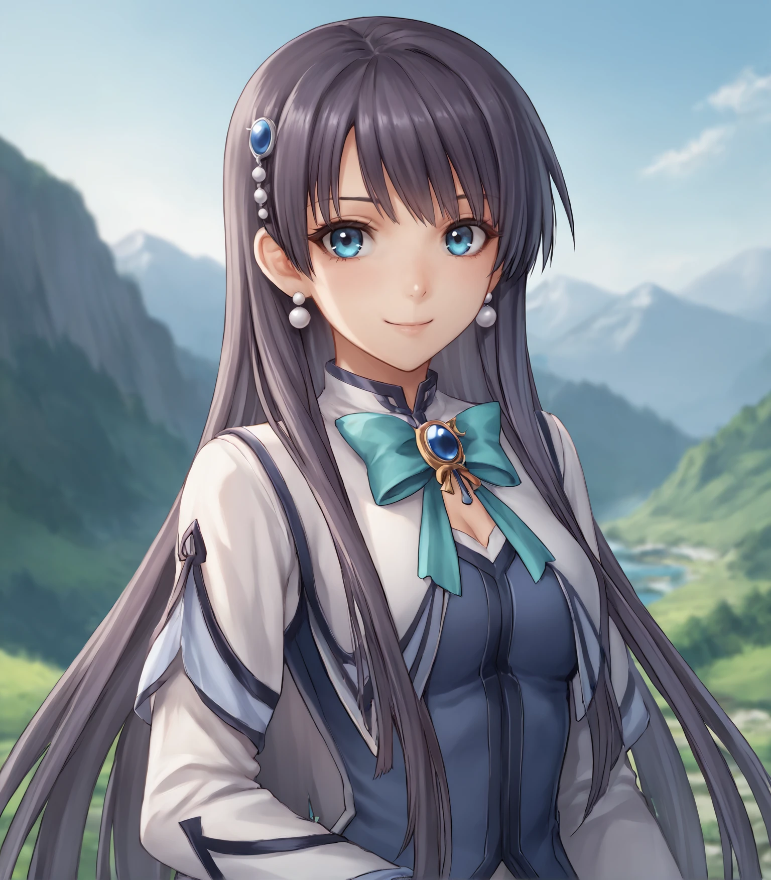 score_9, score_8_up, score_7_up, score_6_up, score_5_up, score_4_up, BREAK source_anime,
1girl, solo,  <lora:EliseSchwarzer:0.9>, Elise Schwarzer, blue eyes, long hair, black hair,  medium breasts, hair ornament, jewelry, pearl earrings, blue dress, white sleeves, white boots, black pantyhose, 
outdoors, distant mountains, looking at viewer, upper body, portrait, smile,
<lora:Racoonkun_Artist_Style:0.6>, racoonsan,,