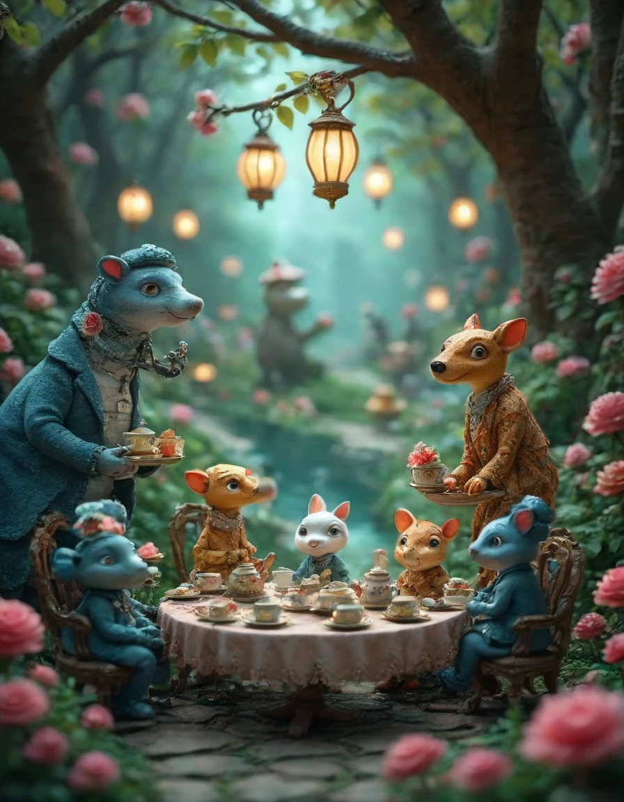 A whimsical tea party in a magical garden: Anthropomorphic animals dressed in Victorian attire, sitting around a beautifully set table with intricate teapots and cups. The garden is filled with oversized flowers, glowing lanterns, and a gentle waterfall.