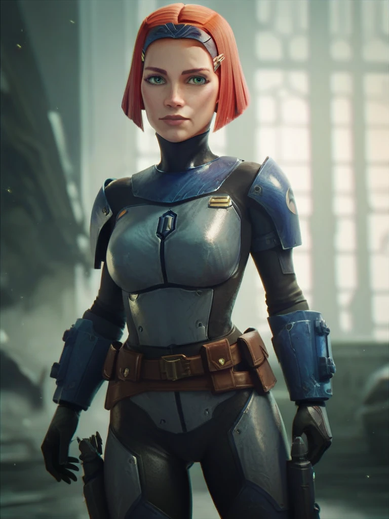 score_9, score_8_up, score_7_up, high quality, masterpiece, BoKatan, 1girl, green eyes, bodysuit, leg armor, gloves, belt, bracers, holsters, boots, shoulder armor, short hair, red hair, hair ornament, 
<lora:BoKatan-120reps-pt2:0.8>