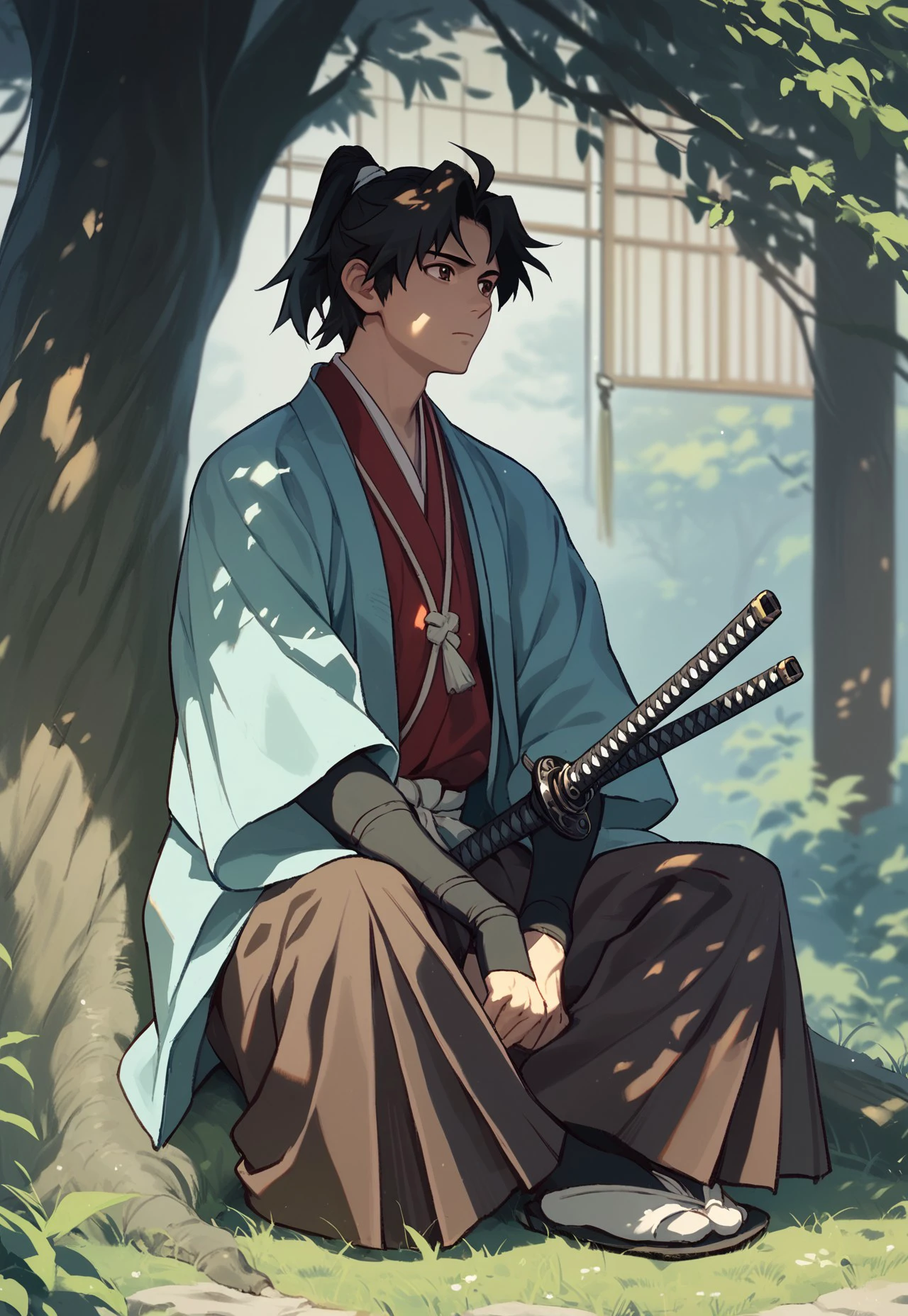 Shinsengumi Haori, 1boy, black hair, brown eyes, hakama skirt, katana, kimono, male focus, outdoors, ponytail, samurai, sheath, sheathed, sitting, solo, sword, tree, weapon, score_9, score_8_up, score_7_up, score_6_up, score_5_up, score_4_up,