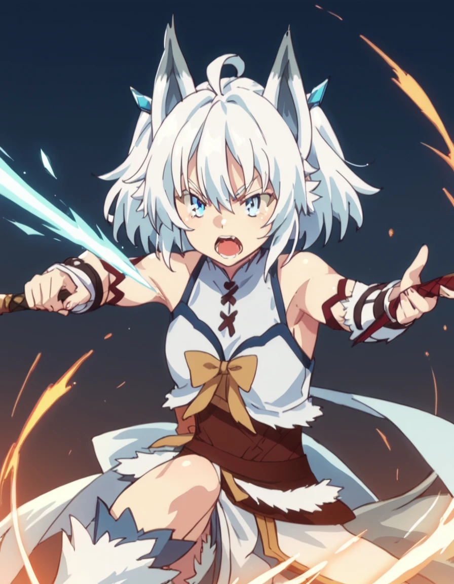 score_9, score_8_up, score_7_up, score_6_up, score_5_up, score_4_up, source_anime,  Setsuna, short hair, blue eyes, ahoge, white hair, fox girl, , action pose