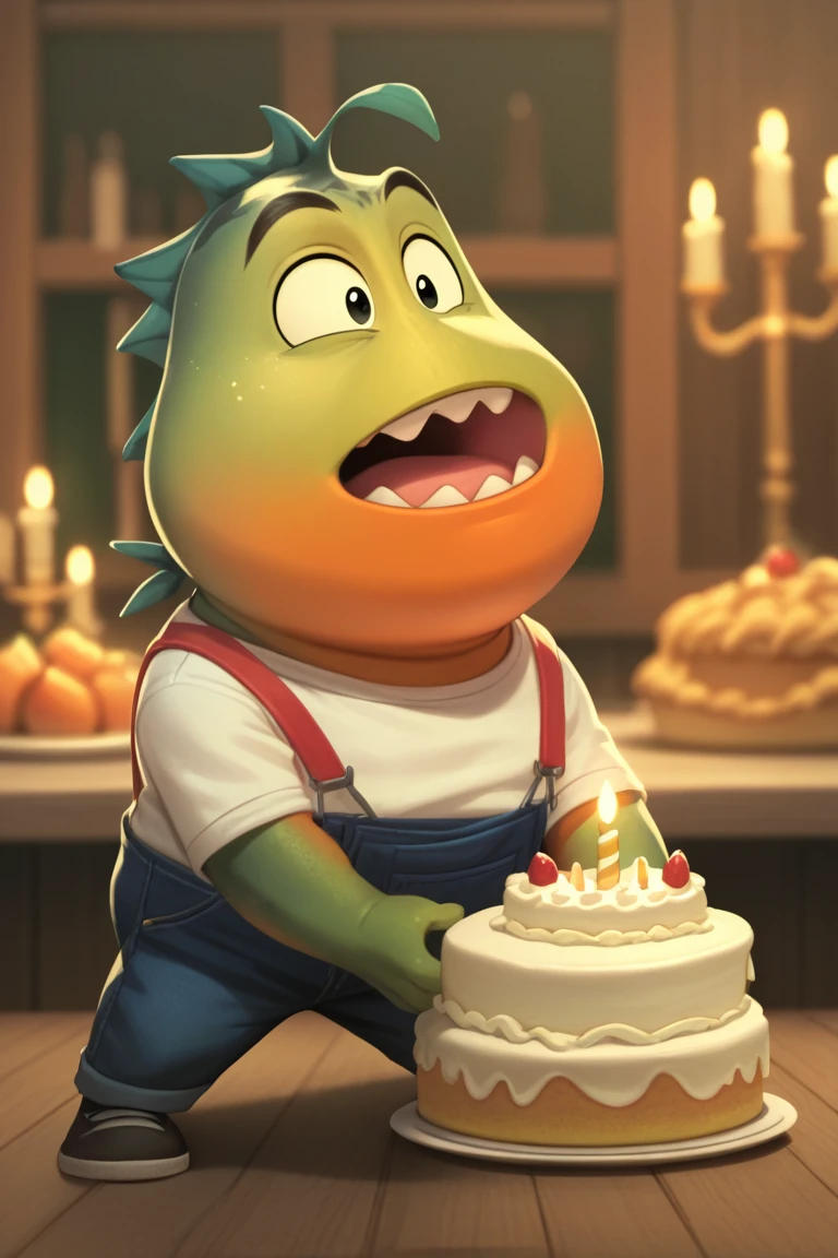 score_9, score_8_up, score_7_up, MrPiranha, MrPiranha, , blurry background, pants, white shirt, black eyes, clothing, mammal, green body, detailed background, shirt, inside, indoors, 1boy, overalls, suspenders, dessert, male focus, open mouth, blurry, food, yellow body, frog, solo, hi res, cake, fruit, clothed, male, topwear, candle, green skin, colored skin, anthro