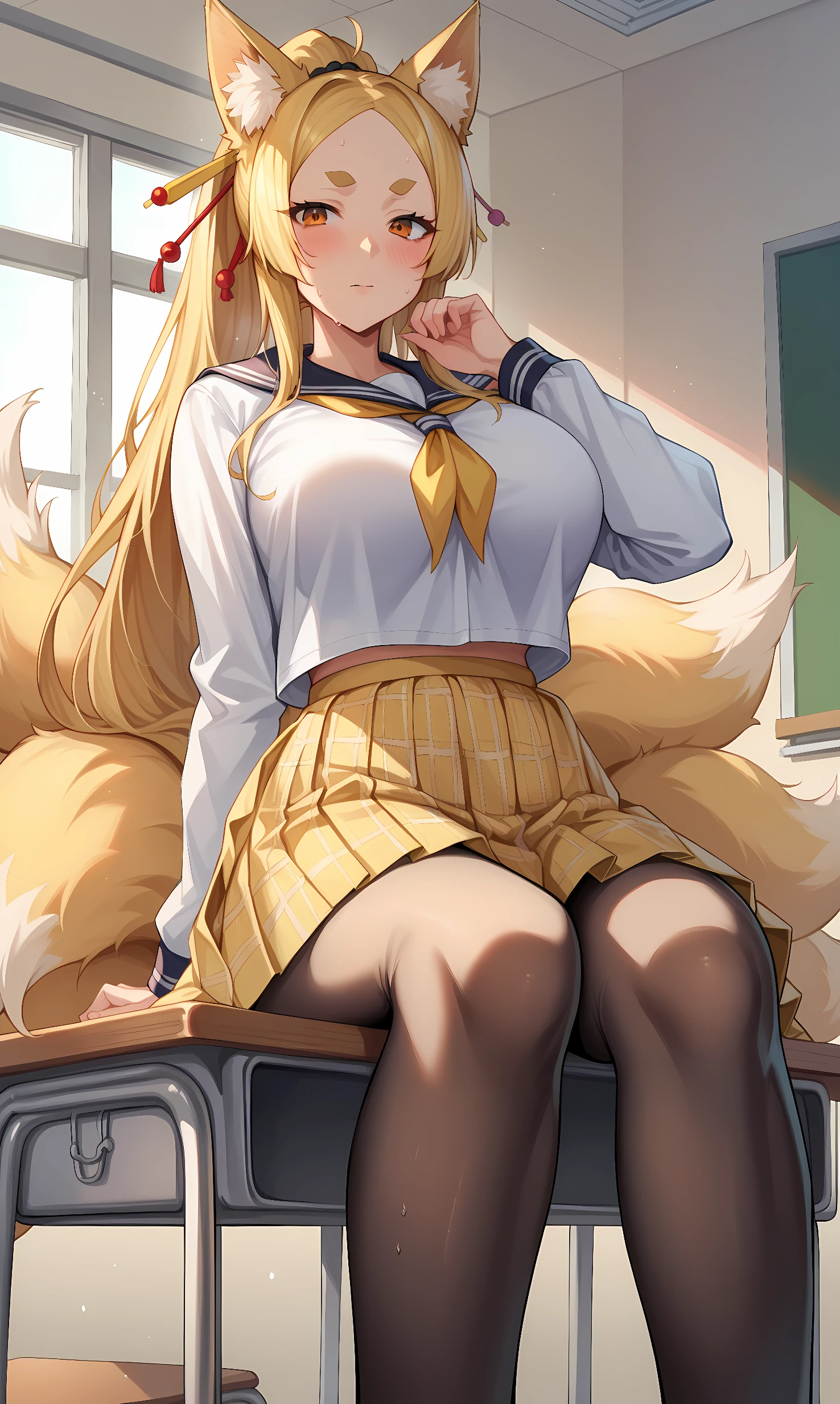 score_9, score_8_up, score_7_up, BREAK source_anime, 1girl, solo, indoors, classromm, cowboy shot, looking at viewer, blush, yasaka, orange eyes, thick eyebrow, blonde hair, very long hair, parted bangs, ponytail, fox ears, fox tail, multiple tails, hair ornament, hair stick, large breasts, school uniform, white shirt, long sleeves, white serafuku, yellow neckerchief, yellow skirt, pleated skirt, plaid skirt, black pantyhose, sitting, on desk, from below, sweat