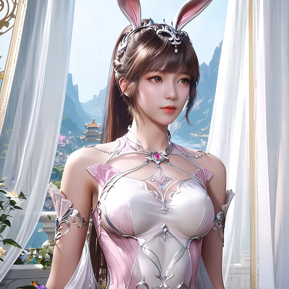 score_9,score_8_up,score_7_up,beautiful,pretty,bangs,beautiful face,beautiful ultra detailed eyes,detailed face,intricate details,hyper-detailed,highly detailed,best quality,masterpiece,xiaowu,
1girl,front view,animal ears,rabbit ears,solo,ponytail,dress,brown hair,long hair,white dress,pink dress,looking to the side,full_shot,panorama,standing,arms_behind_back,
<lora:xiaowu:0.7>,