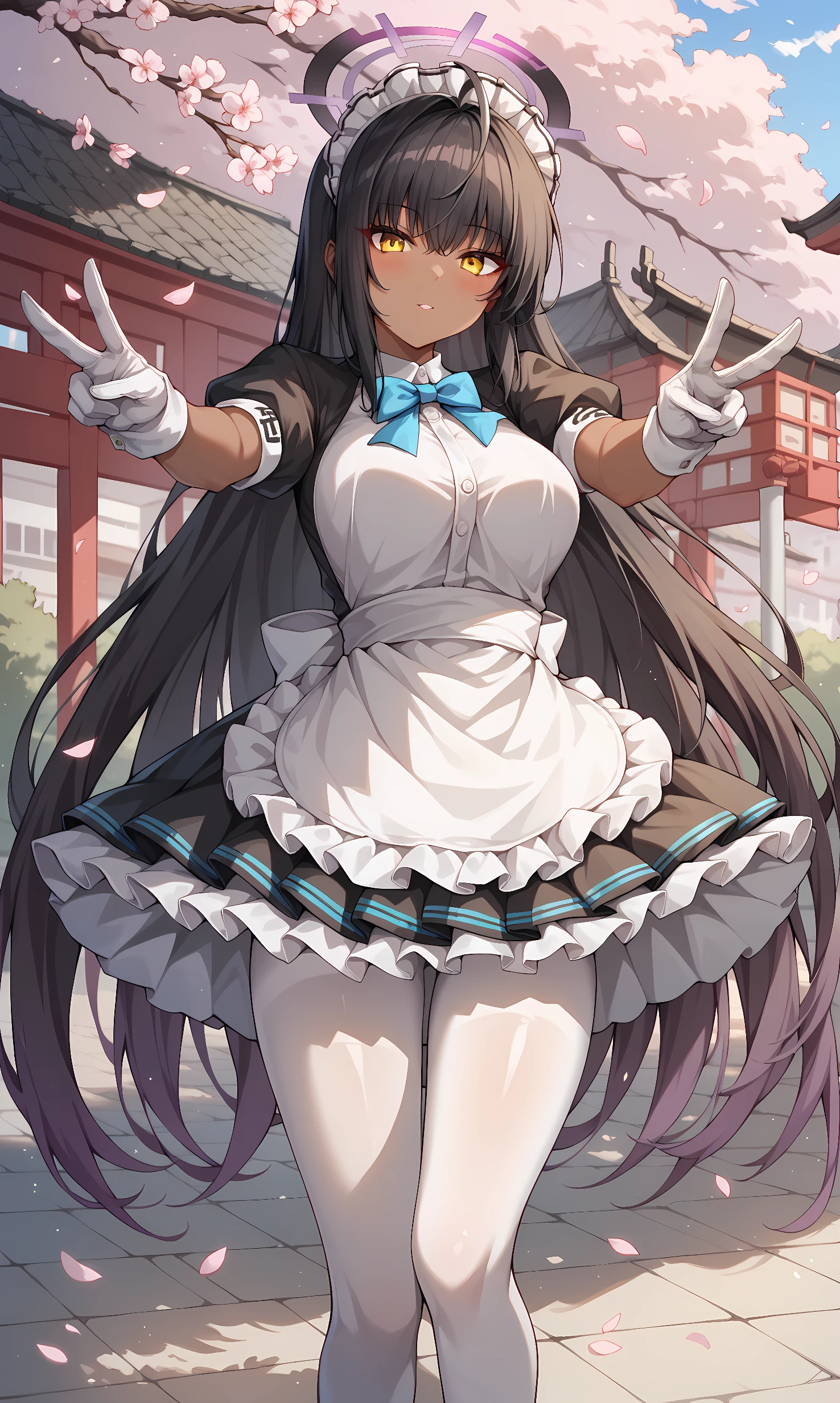big boobs, cheerful, greeting, morning, smile, white frilly dress, mini skirt, bow, tights, fascinator, braid, sunny, from behind, sunshine,