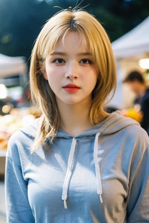 masterpiece, best quality, ultra-detailed, ultra high res, (photorealistic:1.4), raw photo, (realistic:0.2), 8k HDR, realistic lighting, looking at viewer, 1girl, solo, asymmetrical blonde hair, outdoor, sky, (traditional market:1.2), bokeh, (detailed lips), (detailed pores), (detailed skin textures), (detailed face:1.2), (body:1.2), a woman in a hoodie, cowboy shot,