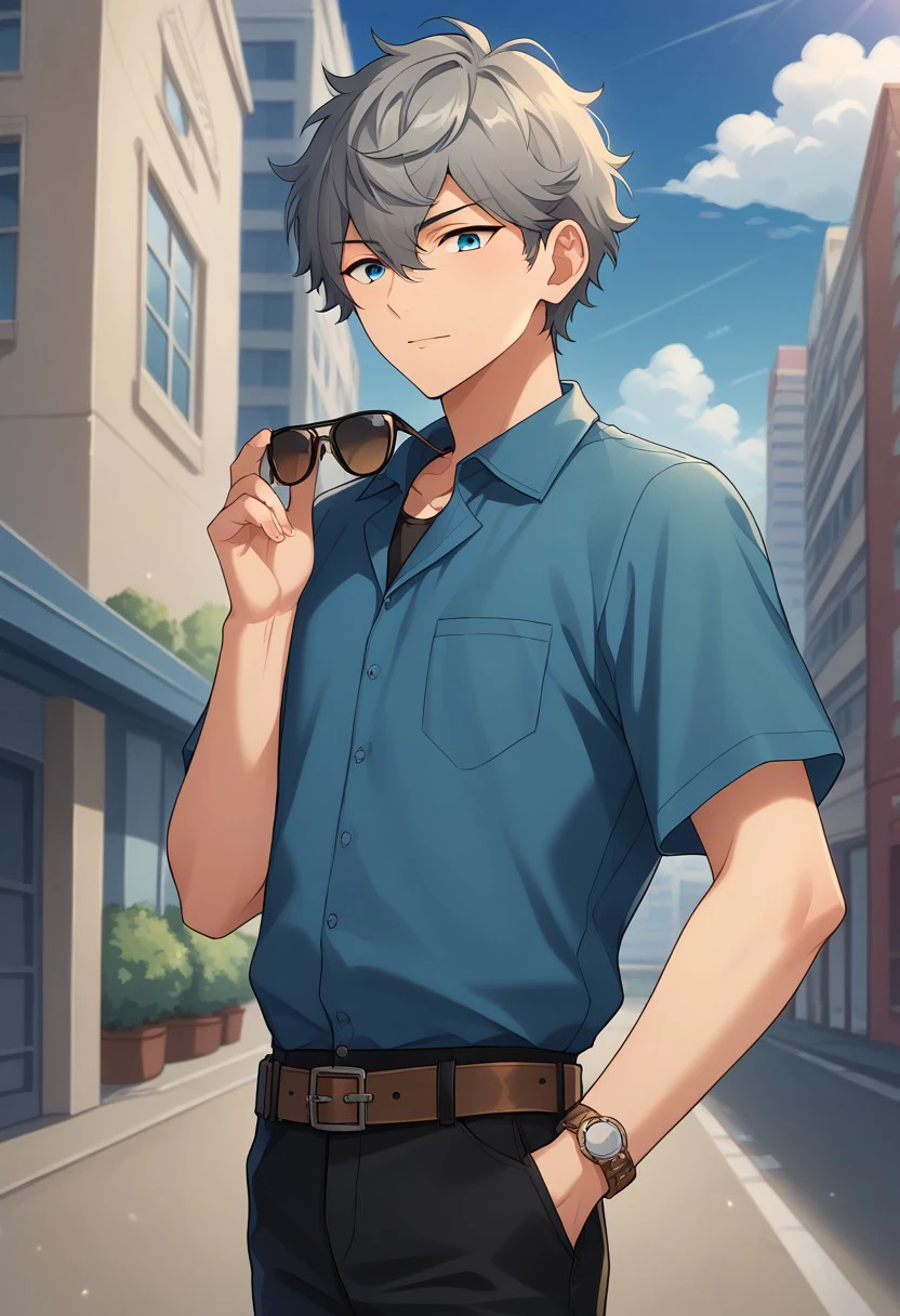 score_9, score_8_up, score_7_up, source_anime, highly detailed, 
izumisena, 1boy, male focus, holding eyewear, eyewear removed, blue eyes, solo, blue shirt,
sky, holding, belt, shirt, outdoors, day, pants,  cloud, short sleeves, looking at viewer, brown belt, grey hair, blue sky, black pants,
sunglasses, short hair, building, hair between eyes, watch, eyewear hang,
wristwatch, collared shirt, blue shirt, upper body
outdoor,