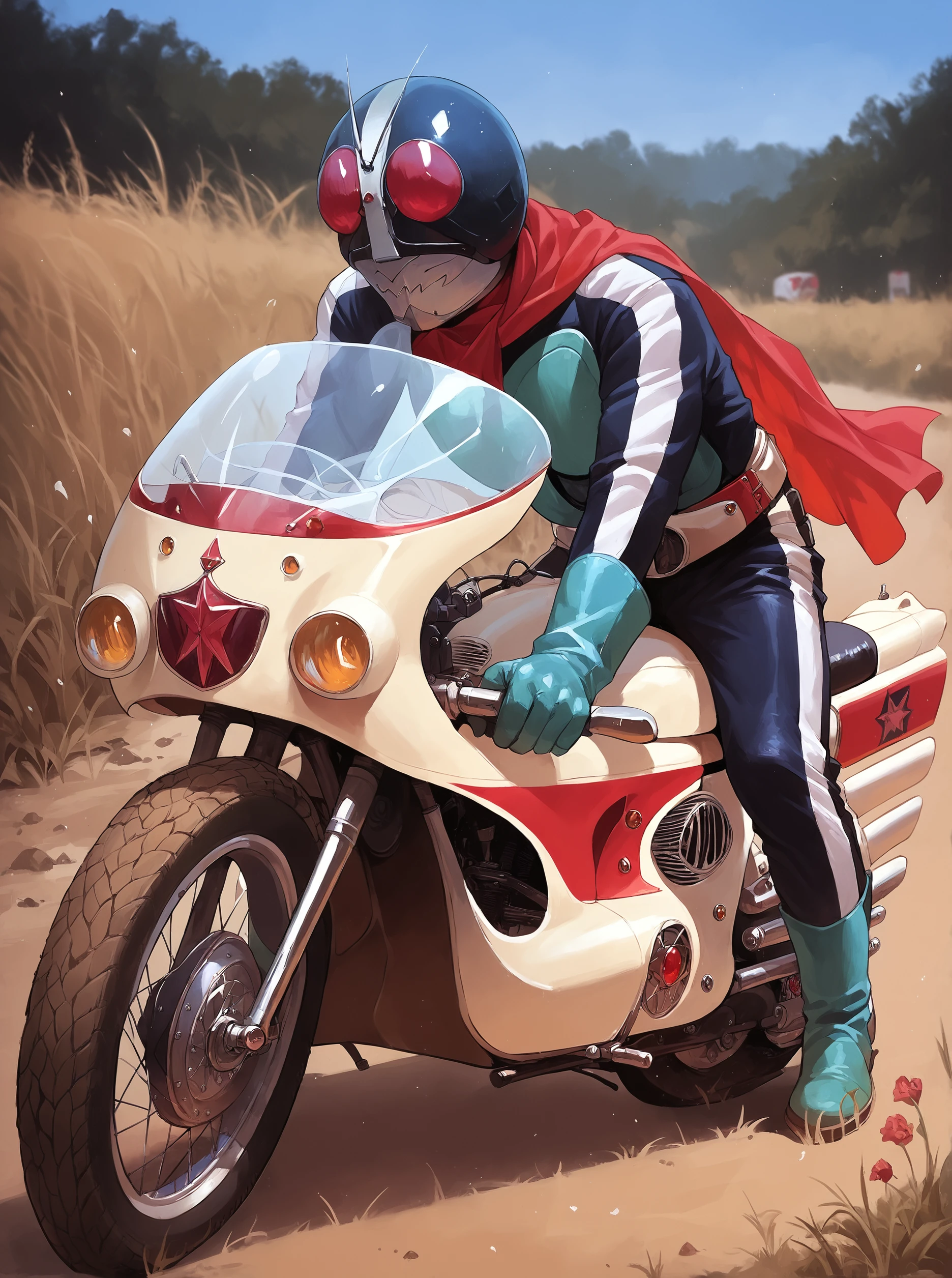 score_9, score_8_up, score_7_up, masterpiece, source_realistic, kamen rider, motorcycle, ground vehicle, motor vehicle, 1boy, male focus, helmet, solo,  outdoor, <lora:sn0wStyle:1> <lora:HKHorrorXL:1>,  <lora:Kamen_Rider_Nigo_1971:1>