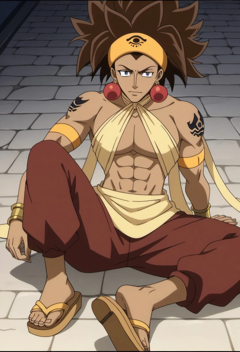 score_9, score_8_up, score_7_up, source_anime, rating_safe, Ajetail, 1boy, yellow Ajeel headband, red Ajeel earrings, black Ajeel tattoo, male focus, anime screencap, yellow Ajeel cloth torso, yellow Ajeel armband, yellow Ajeel wristguard, yellow Ajeel waist cloth, red Ajeel trousers, yellow Ajeel sandals, sitting