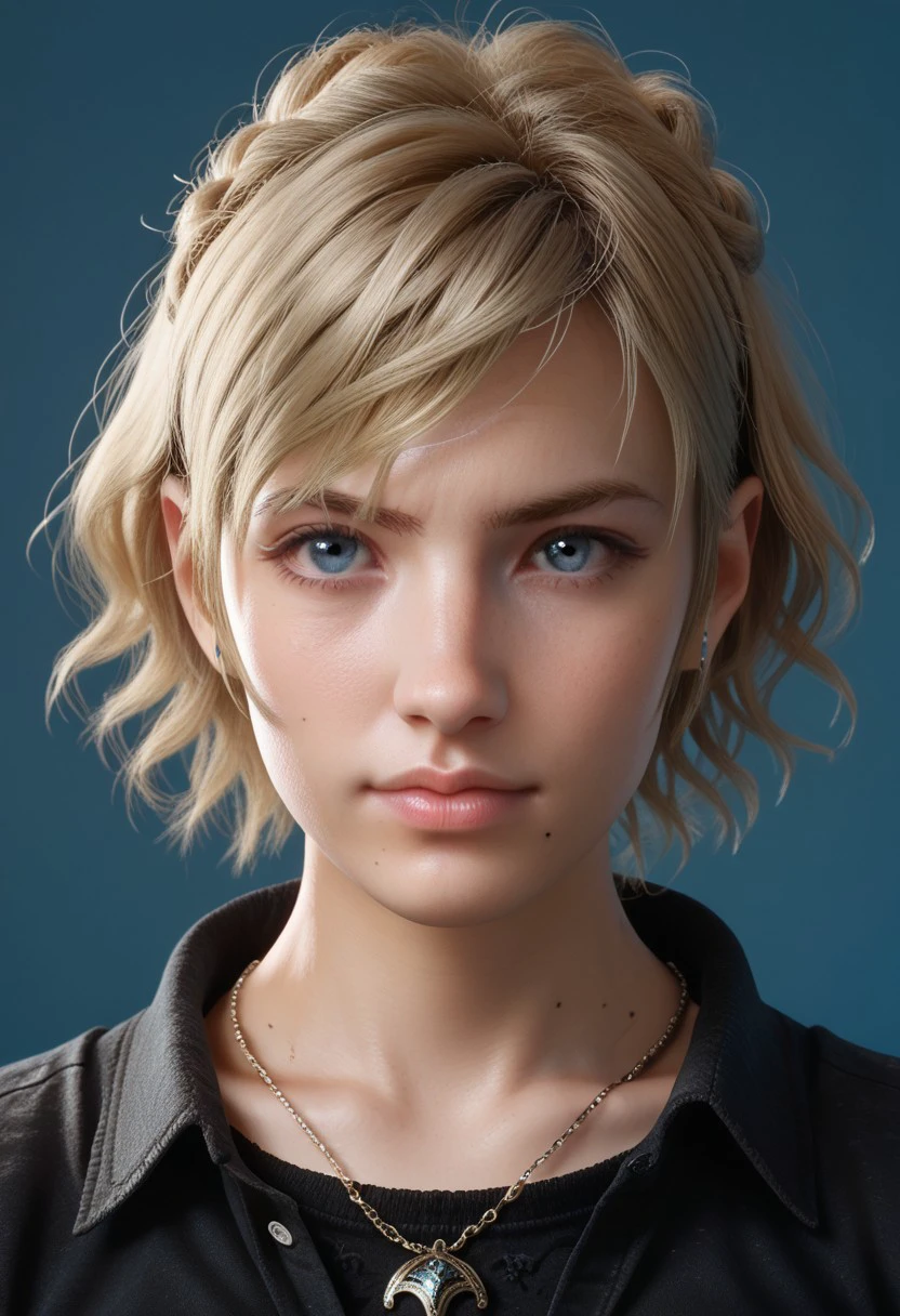 End_FF_XV, shirt, jewelry, simple background, blonde hair, looking at viewer, blue eyes, 1girl, solo, necklace, lips, realistic, mole, blue background, short hair BREAK score_9, score_8_up, score_7_up, score_6_up, score_5_up, score_4_up,