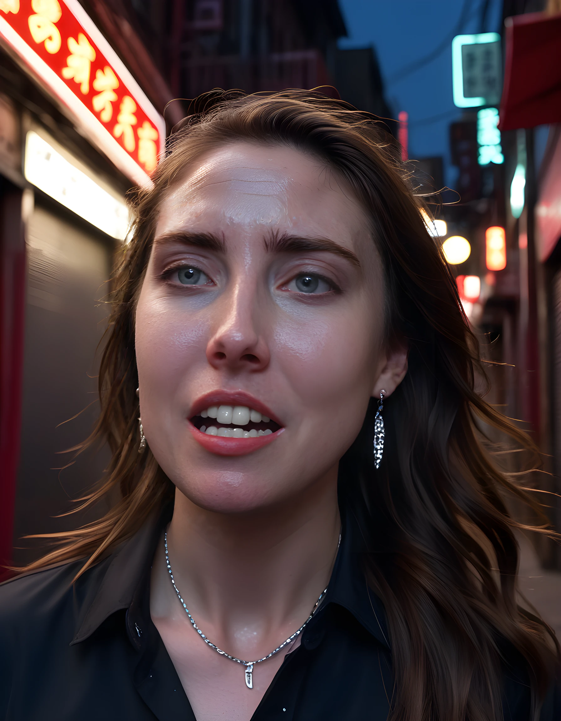 In a gritty, noir-inspired alleyway of neon-lit Chinatown at dusk, the woman L41N4 stands boldly, her eyes narrowed and teeth clenched in determination. Her long, wavy brown hair cascades down her back, contrasting sharply with the stark black fabric of her form-fitting shirt adorned with intricate silver jewelry and sparkling earrings that glint off the wet cobblestones underfoot. The camera angle is low, gazing up at her from below, capturing her intense gaze and the beads of sweat that trickle down her temples, creating a dramatic close-up that exudes an air of mystery and intensity.