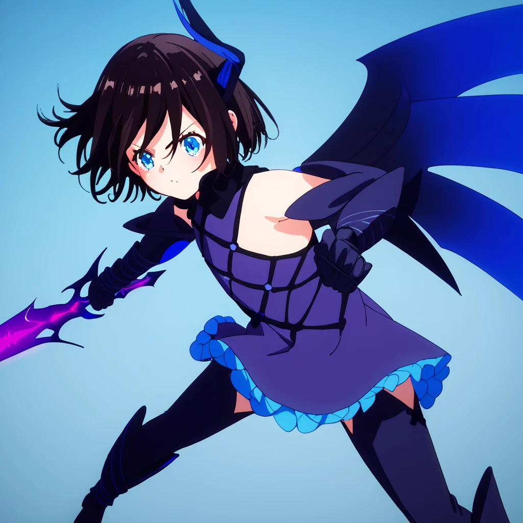 score_9, score_8_up, score_7_up, score_6_up, score_5_up, score_4_up, source_anime,  Kanna, short hair, blue eyes, black hair, wings, horns, , action pose