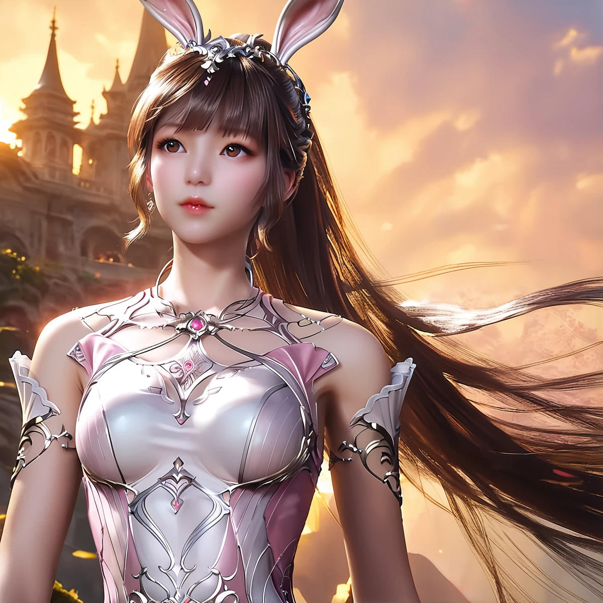 score_9,score_8_up,score_7_up,beautiful,pretty,bangs,beautiful face,beautiful ultra detailed eyes,detailed face,intricate details,hyper-detailed,highly detailed,best quality,masterpiece,xiaowu,
1girl,front view,animal ears,rabbit ears,solo,ponytail,dress,brown hair,long hair,white dress,pink dress,looking to the side,full_shot,panorama,standing,arms_behind_back,
<lora:xiaowu:0.8>,