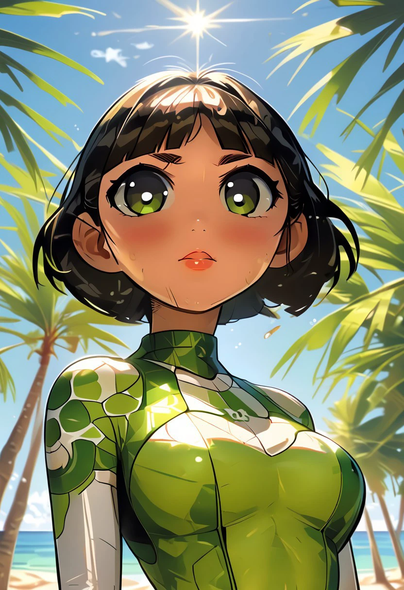 (ultra realistic,32k, masterpiece:1.2),(high detailed skin:1.1),( high quality:1.1), source_anime,
1girl, buttercup (/PPG)/,(ultra HD quality details), black hair, short hair, (green eyes), messy hair,
beach, sand, sunshine, palms, blurry background, medium breast,(looking at viewer, standing from below:1.1),
(dense light rays:1.1),