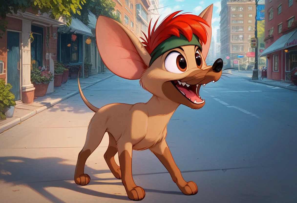 score_9, score_8_up, score_7_up, solo, 1boy, (Tito, Beige Body, Beige Fur, Whiskers, Feral, Chihuahua, Black Nose, Red Hair, Green Headband, male dog), teeth, smile, happy, walking, new york, buildings, street, daytime, detailed background, 4k, masterpiece, best quality, highly detailed, realistic