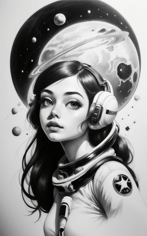 (ttatt:1.3), drawing, (space girl:1.1), planet, masterpiece, white background, (bw:1.2)