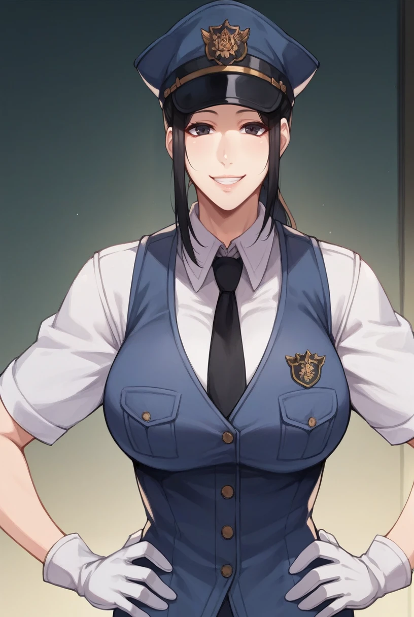 <lora:Hachishakusama-10:1> Hachishaku, taxiuntenshu, 1girl, solo, hat, necktie, black hair, uniform, long hair, ponytail, black eyes, vest, police, white gloves, large breasts, (smile, happy,  looking at viewer, hands on own hips), 16k, masterpiece, absurdes, highly detailed, highres, high quality, best quality, score_9, score_8_up, score_7_up, score_6_up