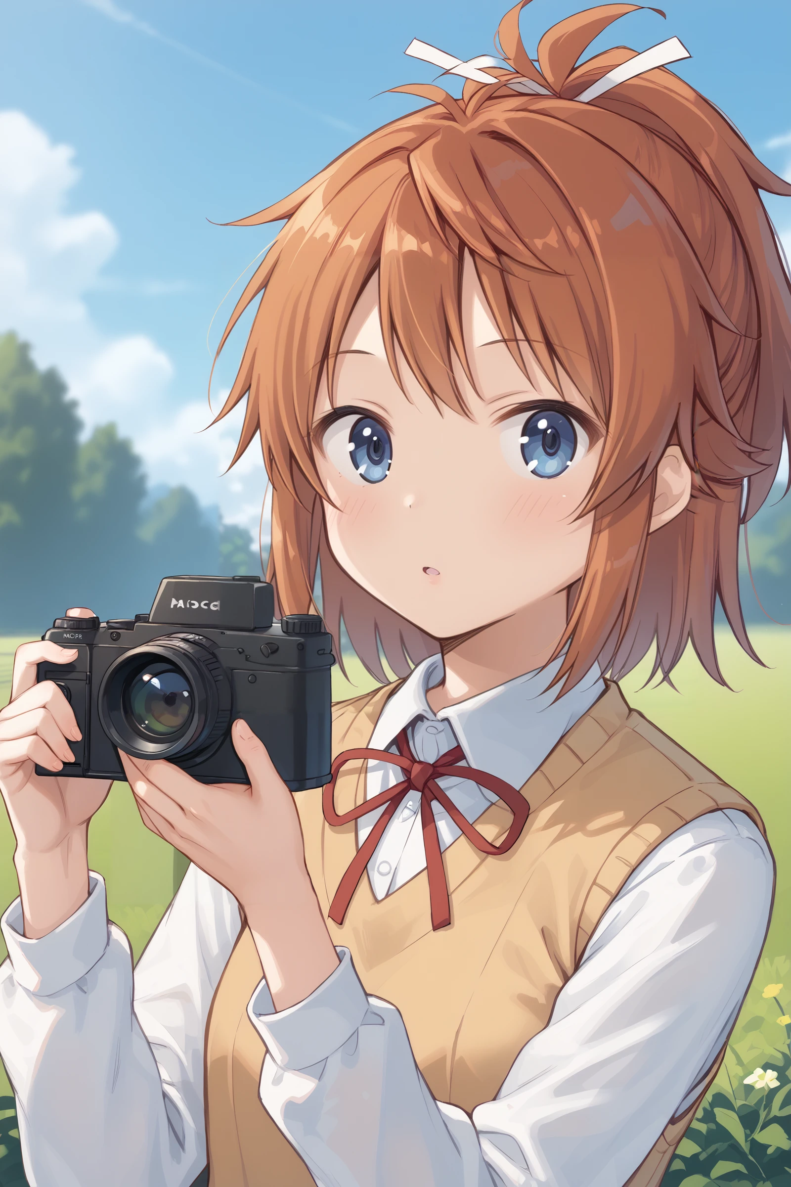 score_9, score_8_up, score_7_up, BREAK
1girl, koshigaya natsumi, hair ribbon, shirt, sweater vest, neck ribbon, looking at viewer, parted lips, holding, holding camera, camera, upper body, BREAK
outdoors, blue sky, day, blurry, depth of field, BREAK
<lora:add-detail-xl:1>, <lora:PerfectEyesXL:0.3>, <lora:CinematicStyle_v1:0.5>, <lora:t0nym0r3XLP:0.7>, <lora:Natsumi_pdxl_v1.0:0.85>