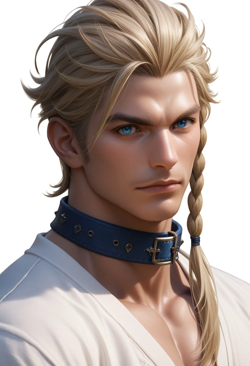 end_xiv_world, 1boy, solo, male focus, blonde hair, white background, blue eyes, simple background, upper body, braid, muscular, looking at viewer, closed mouth, bara, manly, collar, final fantasy xiv, fantasy, score_9, score_8_up, score_7_up, score_6_up, score_5_up, score_4_up,