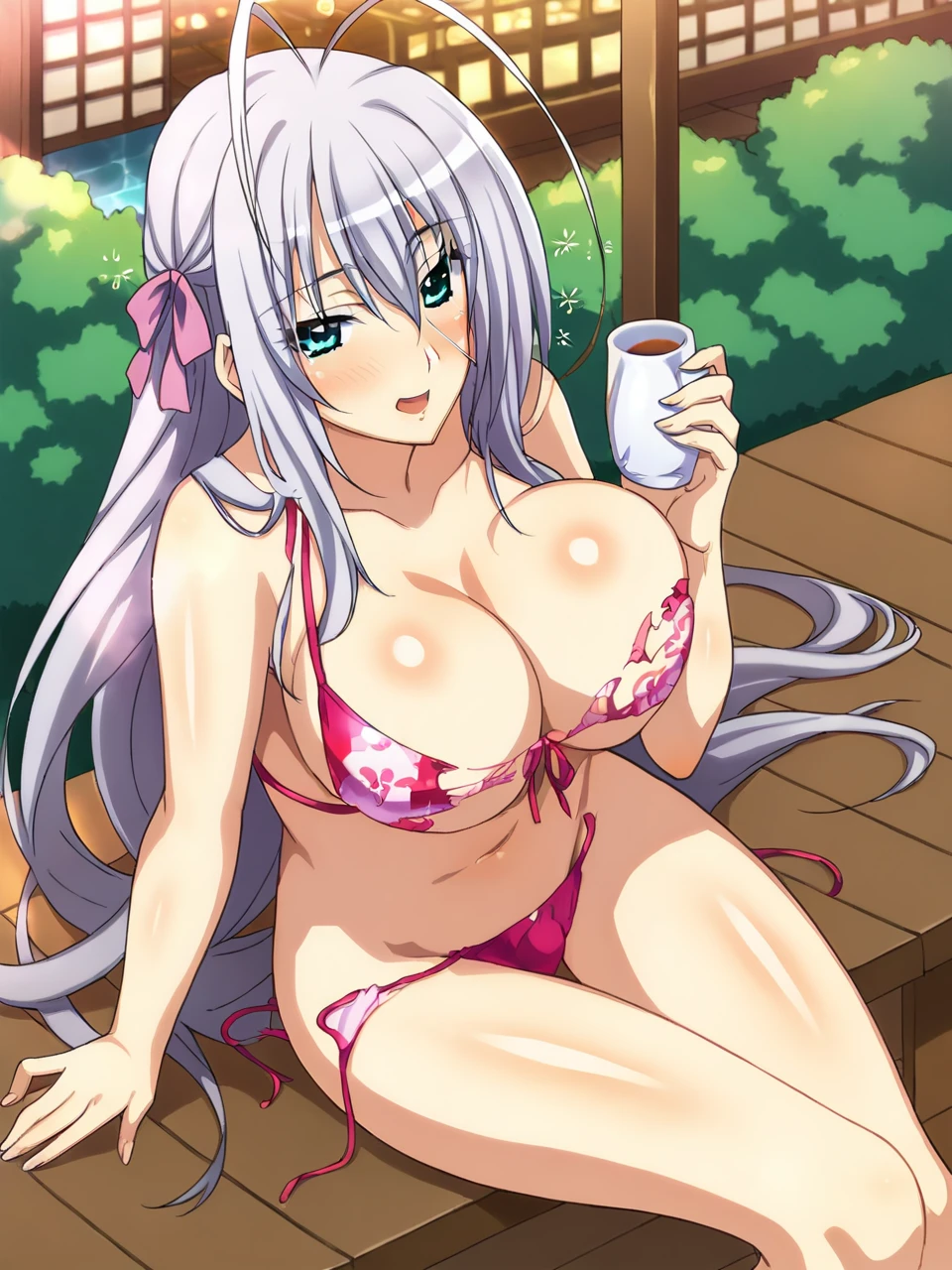 , score_9, score_8_up, score_7_up, 1 girl, solo, <lora:Rossmobagev2:1>,Rossmobage, grey hair, long hair, antenna hair, aqua eyes, pink ribbons, large breasts,
sakazuki, sake, sitting, bar, facing viewer,  lying on table, breast press, drunk, outdoors, poolside, bikini, wardrobe malfunction,