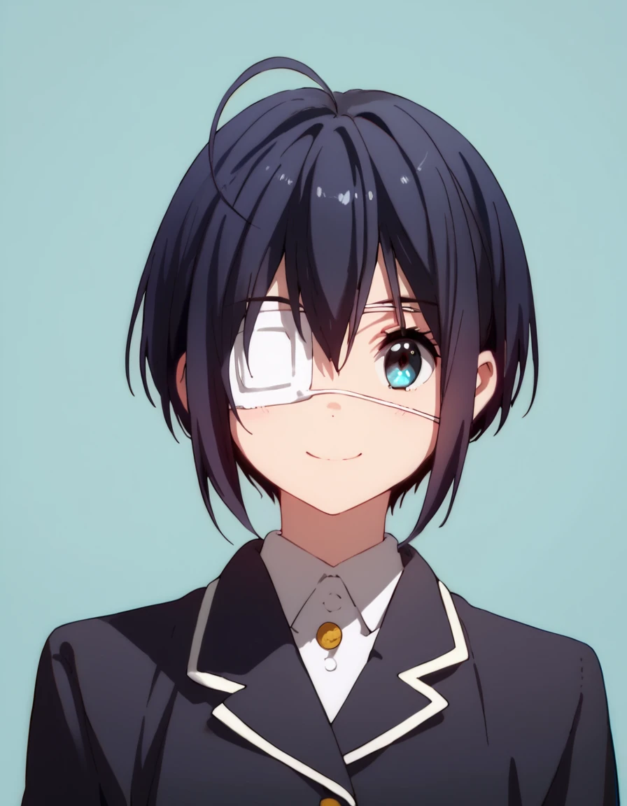 score_9, score_8_up, score_7_up, score_6_up, score_5_up, score_4_up, source_anime,  Rikka, blue eyes, black hair, medical eyepatch, , soft smile, portrait