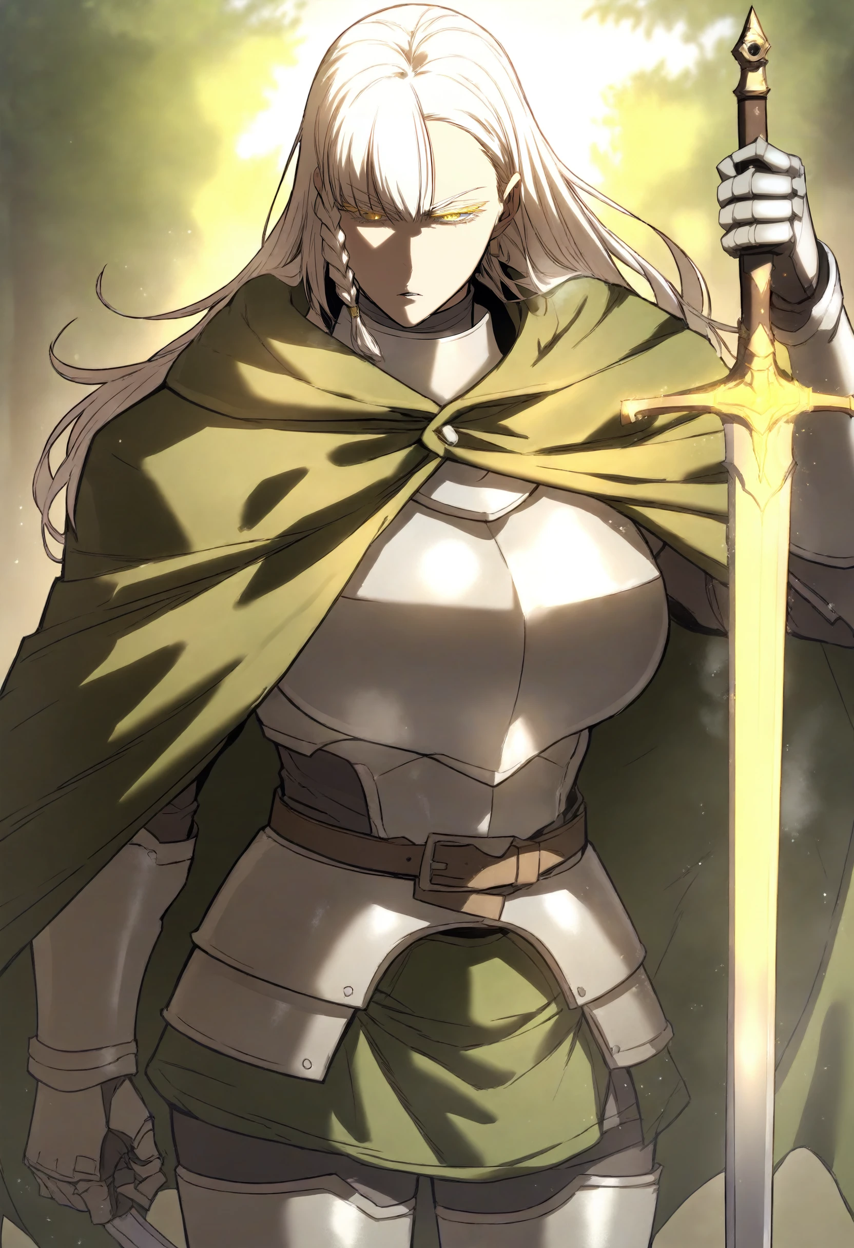 score_9, score_8_up, score_7_up, score_6_up, source_anime, rating_explicit, 1girl, solo, huge breasts, <lora:Justia prefectPonyxl:1> long hair, white hair, side braid, yellow eyes, single braid, colored eyelashes, armor, cape, green cloak, plate armor, breastplate, belt, gauntlets, serious, parted lips, Narrow shoulders, heavy breathing, steaming body, forest, outdoors, standing, looking at viewer, holding sword, glowing sword, sword, fighting stance